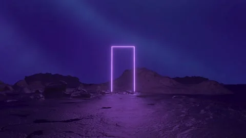 4K Mysterious cosmic landscape with neon purple square frame. Passage to anot Video stock 205511853