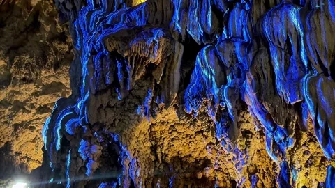 4K Mystical Blue-Lit Limestone Formations Deep Inside Cave Okinawa, Japan Stock Footage 345375468