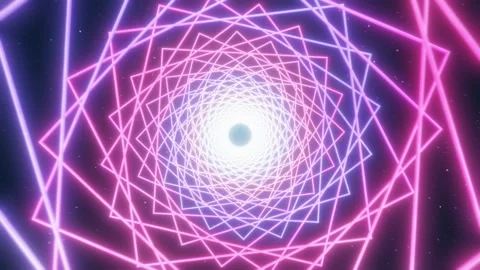4K neon geometric tunnel in space. Glowing endless tunnel among the stars. Stock Footage 306315897