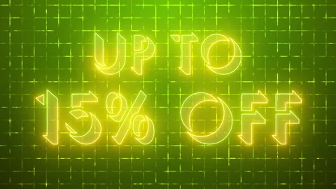 4K neon glowing UP TO 15% OFF on a grid background. Stock Footage 338396542