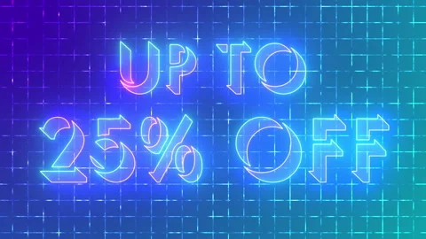 4K neon glowing UP TO 25% OFF on a grid background. Stock Footage 339570472