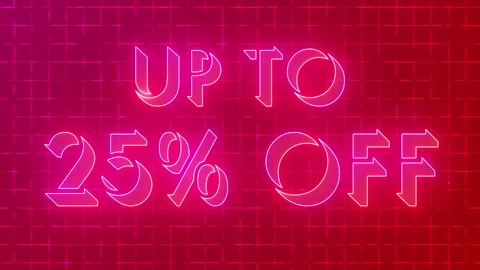 4K neon glowing UP TO 25% OFF on a grid background. Stock Footage 339571182