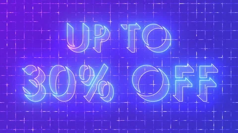 4K neon glowing UP TO 30% OFF on a grid background. Stock Footage 340182866