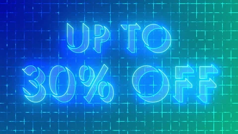 4K neon glowing UP TO 30% OFF on a grid background. Stock Footage 340182903