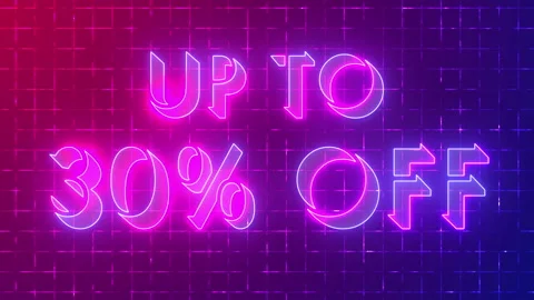 4K neon glowing UP TO 30% OFF on a grid background. Stock Footage 340183377