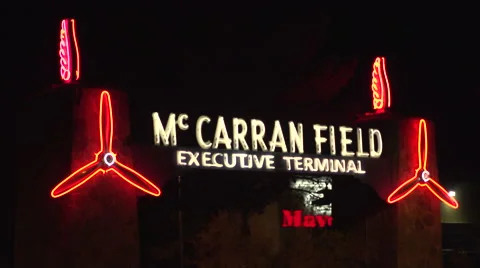 4K: Neon Lights Mark The McCarran Field Executive Terminal Stock Footage 63097153