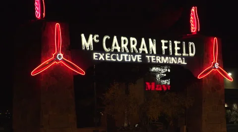 4K: Neon Lights Mark The McCarran Field Executive Terminal Stock Footage 63097343