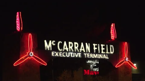 4K: Neon Lights Mark The McCarran Field Executive Terminal Stock Footage 63097455