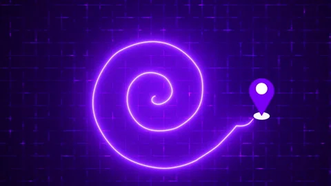 4K Neon Spiral Route with Map Pin on a grid background. Stock Footage 344873632