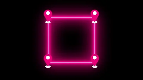 4K Neon Square Route with Map Pin on a black background. Stock Footage 344875529
