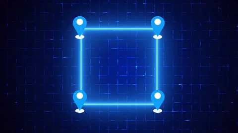4K Neon Square Route with Map Pin on a grid background. Stock Footage 346679586