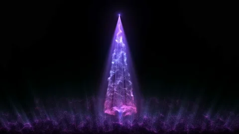 4K Neon xmas tree. Violet glowing particles. Spotlight rays isolated on black Stock Footage 141562863