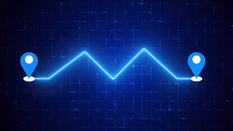 4K Neon Zigzag Navigation Route with Map Pin on a grid background. Stock Footage 340605720
