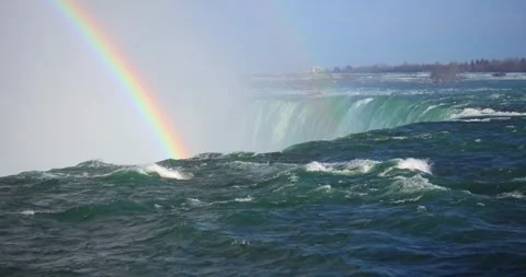4K Niagria Falls Mist Cloud Waterfall Gulls Water Flowing Over Rainbow Stock Footage 307128864