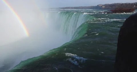 4K Niagria Falls Mist Cloud Waterfall Water Flowing Over Edge Wide Shot Rainbow Stock Footage 307128876