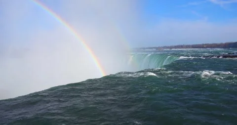 4K Niagria Falls Mist Cloud Waterfall Water Flowing Over Edge Rainbow Stock Footage 307128972