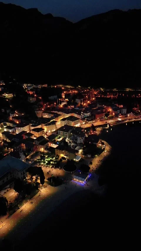 4K Night Aerial View of Torbole sul Garda, Lake Garda, Italy Stock Footage 316635372