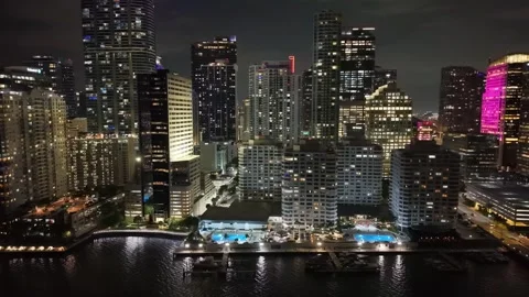 4K Night Drone Flyover of Brickell Bay Drive and Bridge in Miami, Florida Stock Footage 311139571