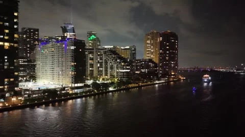 4K Night Drone View Along Brickell Bay Drive, Miami Waterfront Stock Footage 311137643