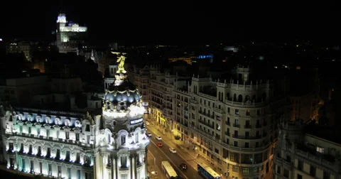 4K Night shot looking down over the Edificio Metropolis, Madrid, Spain Stock Footage 39938598