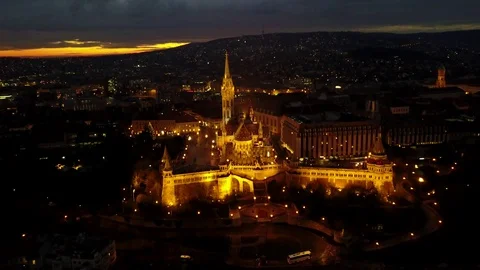 4K Night time aerial view of Fisherman's Bastion and Matthias Church Budapest Stock Footage 101422218