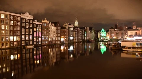 4K Night Time Lapse of Damrak canal waterfront, Amsterdam, Netherlands Stock Footage 82015996