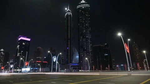 4k night time lapse of moving traffic on the busy Sheik Zayed road in Dubai Stock Footage 146152329