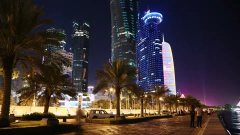 4K night timelapse of Corniche street in Doha city, Qatar Stock Footage 101679542