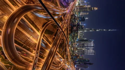 4K Night Timelapse of Intersection with Burj Khalifa in Downtown Dubai, UAE Stock Footage 169650599