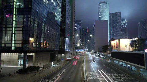 4k Night Timelapse Video Of Traffic At Central, Hong Kong, Foggy Night Stock-Footage 263227613