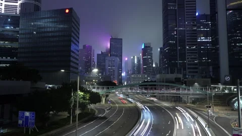 4k Night Timelapse Video Of Traffic At Central, Hong Kong, Foggy Night Stock Footage 263227758