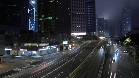4k Night Timelapse Video Of Traffic At Central, Hong Kong, Foggy Night Stock Footage 263227760