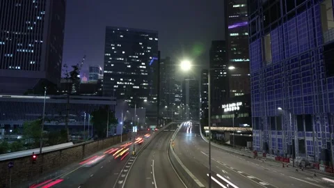 4k Night Timelapse Video Of Traffic At Central, Hong Kong, Foggy Night Stock Footage 263227764