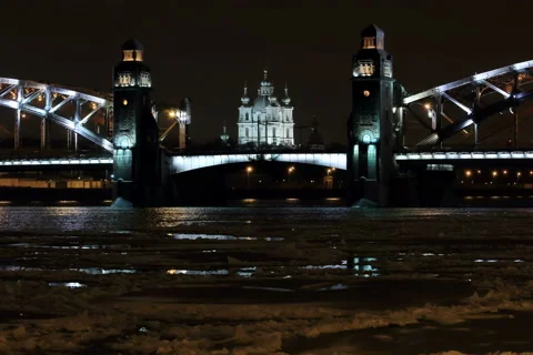 4K. Night view of the Bolsheokhtinsky bridge in St. Petersburg, Russia. Ultra HD Video stock 48897937