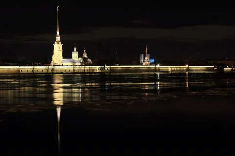 4K. Night view of the Peter and Paul Fortress, St. Petersburg, Russia. Ultra HD, Stock Footage 48899005