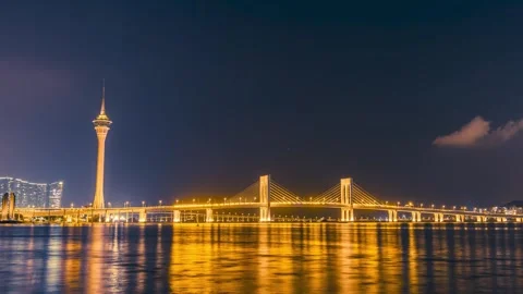 4K Night View Time-lapse of Macau Tower and Sai Van Bridge, Macau Peninsula Stock Footage 341575377