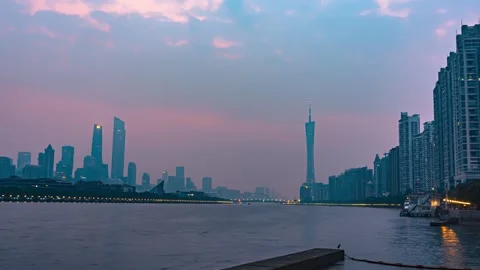4K Night‑to‑Day Timelapse, Guangzhou Three Towers Sunrise Vídeo Stock 344679148