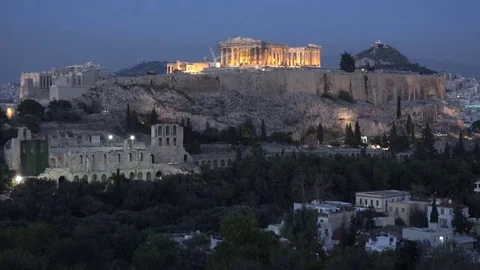 4K Nightfall illuminated Acropolis at twilight Parthenon Athens iconic temple Stock Footage 78763967