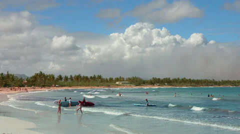 4k Ocean waves with surfers on Macao Tropical Beach Stock Footage 46613386