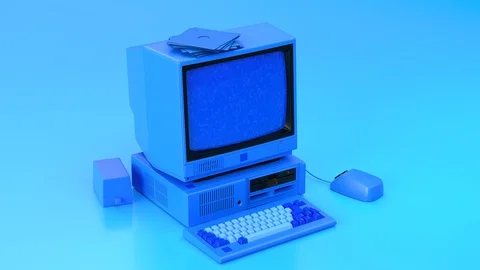 4K Old-fashioned personal computer in retro 80s style.  3d render animation:moni Stock Footage 129889254