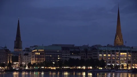 4K Old town building reflection in Alster Lake Hamburg cityscape iconic twilight Video stock 72186403