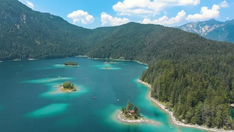 [4K] Opening Shot Lake Eibsee with turquoise water | Aerial Lake Eibsee, Germany Stock Footage