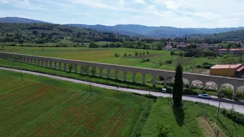 4K-Orbit drone view ancient water pipline Arezzo hills landscape poppy field Stock Footage 240825311