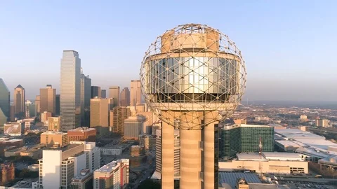 4K Orbit Reunion Tower Slow Motion Sun Reflection Sunset Stock Footage 101268677