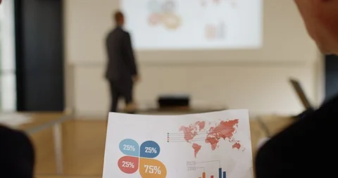 4K Over shoulder view of business man &amp; woman discussing figures in a meeting Stock Footage 101351220
