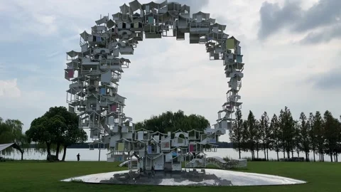 4K Overcast Ring Art Sculpture Suzhou Bay Stock Footage 345805929