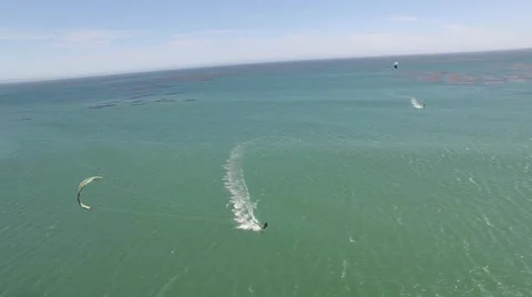 4K overhead aerial view of two wind surfers in California Stock Footage 64657715
