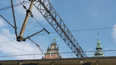 4K Overhead Electricity Lines, Power Wires, Electric Train Rail Cables Stock Footage 72335269