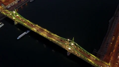 4K Overhead night view of Liberty Bridge Budapest Hungary Stock Footage 101385616