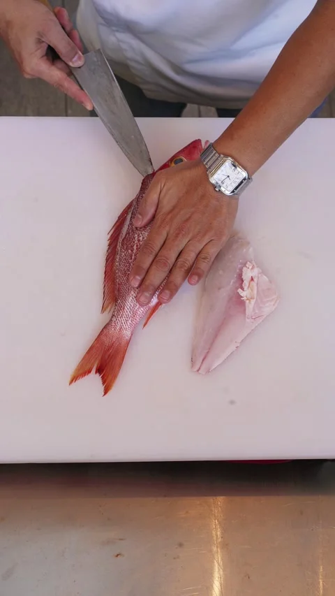4K overhead video chef cutting snapper filet with japanese knife part2- vertical Stock Footage 315124088